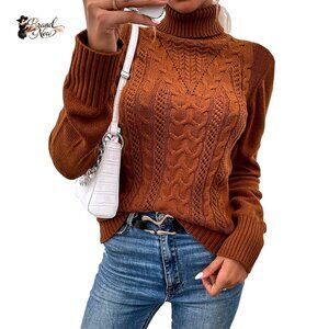 Long Sleeve Turtleneck Cable Knit Pullover Sweater Slim Fit